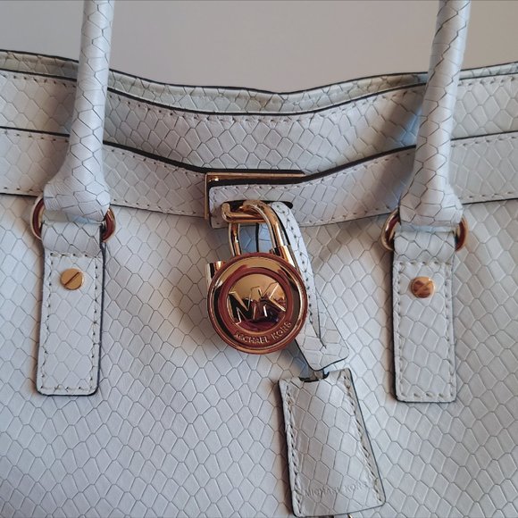 Michael Kors White Genuine Leather Snake Print Hamilton Handbag Tote - Picture 2 of 13